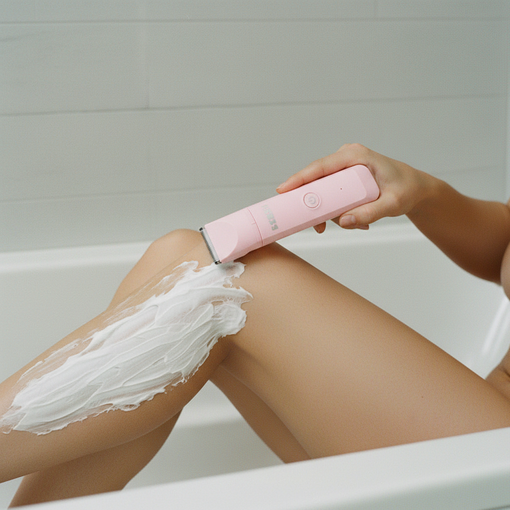 Hyper-realistic smooth legs being shaved with Boosh branded trimmer
